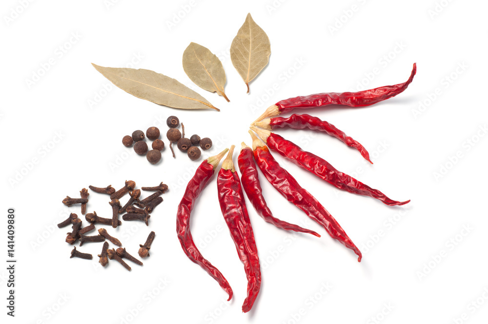 Different spices Pepper Chile, cloves, cardamom on a white background Different spices Pepper Chile, cloves, cardamom on a white background