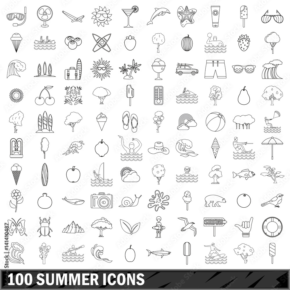 100 summer icons set, outline style 100 summer icons set, outline style