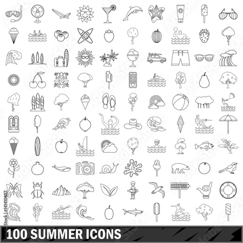 100 summer icons set, outline style