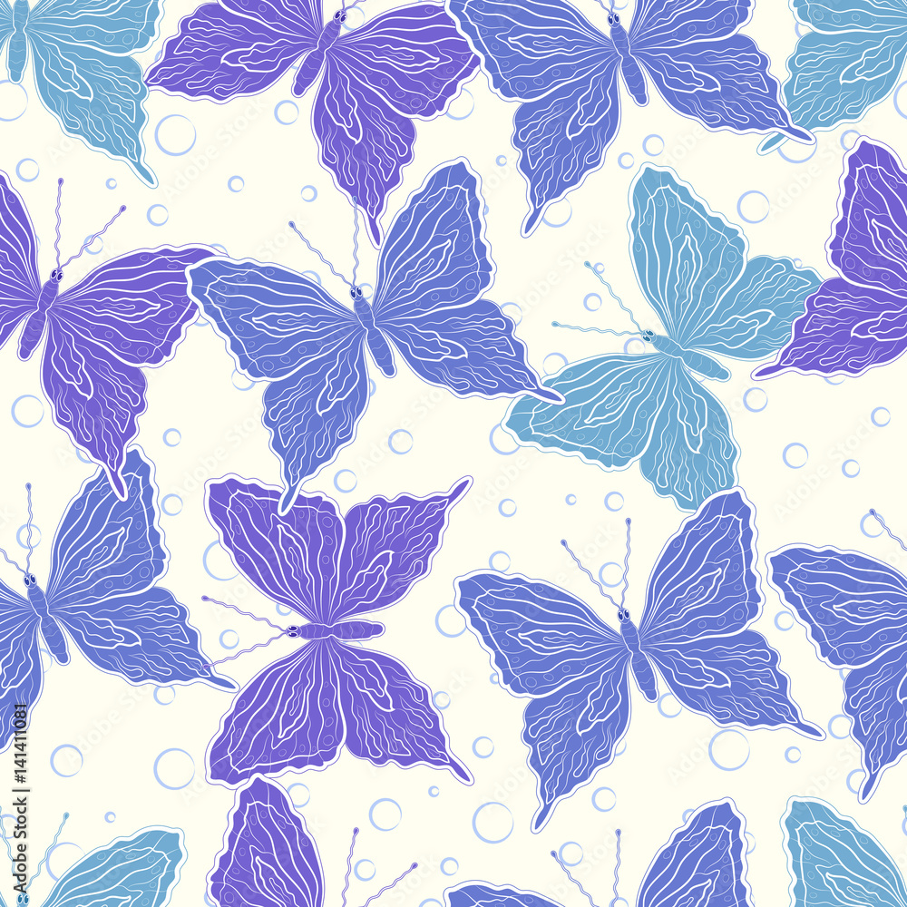 Seamless pattern of openwork and a beautiful blue butterfly on a white ...