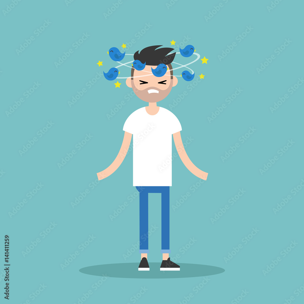 Dizziness conceptual illustration. Young bearded man with birds