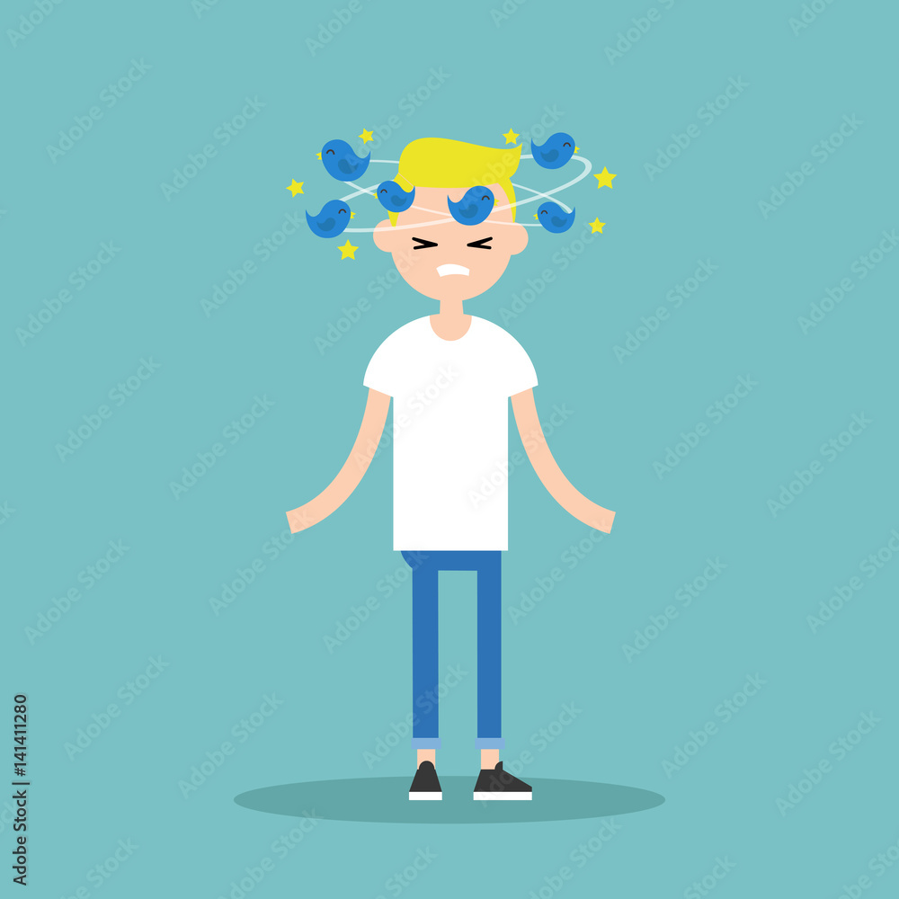 Dizziness conceptual illustration. Young blond character with birds spinning  around his head / flat editable vector illustration Stock Vector