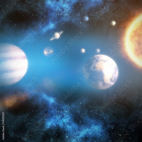 Fototapeta Naklejka Na Ścianę i Meble -  Graphic image of various planets with sun 3d
