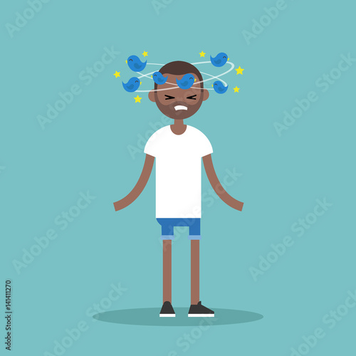 Dizziness conceptual illustration. Young black man with birds spinning around his head / flat editable vector illustration