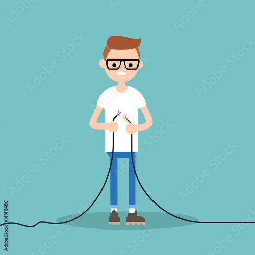 Young nerd trying to fix the torn wire / editable flat illustration, clip art