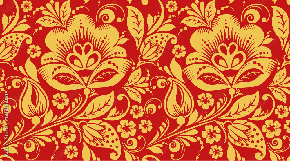 Red and gold hohloma seamless pattern texture. Russian traditional decoration in red and gold colors. Classic khokhloma background vector