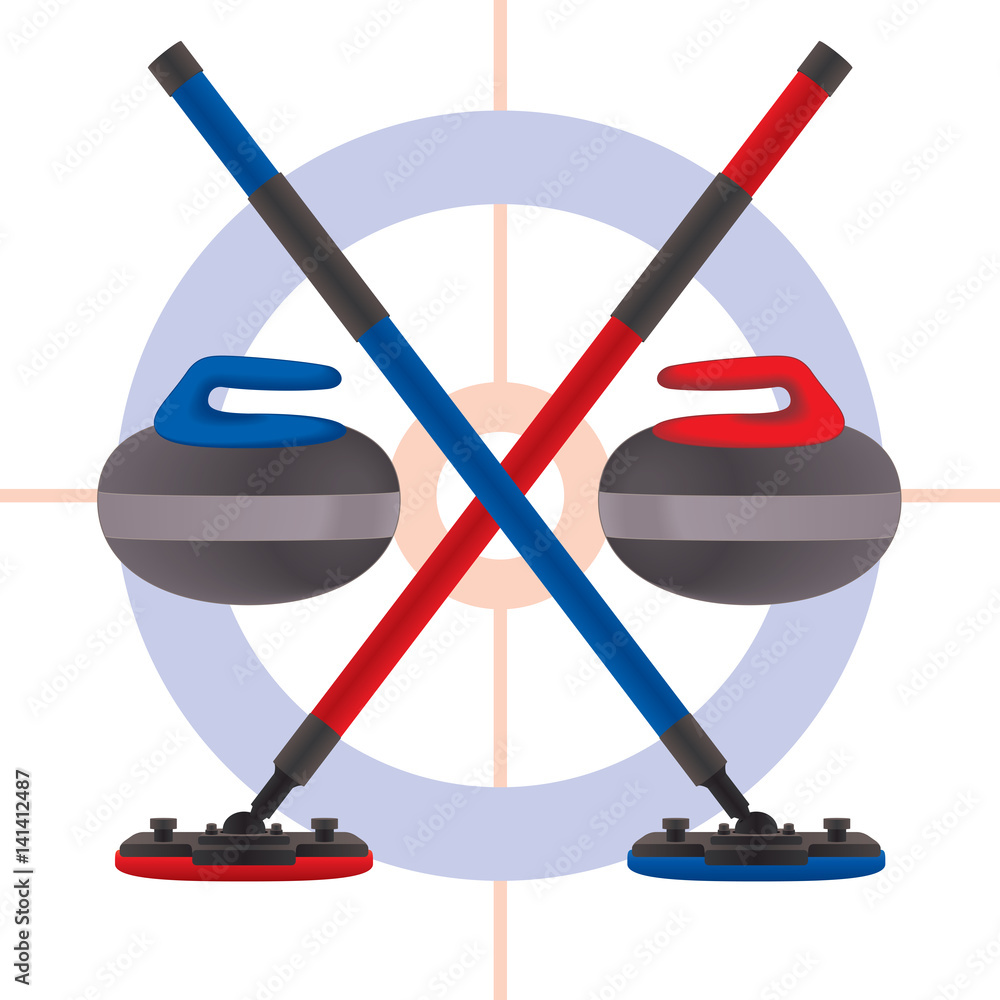 curling rocks and curling brooms crossed on ice Stock Vector | Adobe Stock