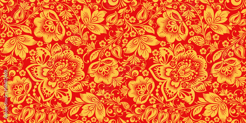 Hohloma in red and gold colors seamless pattern vector. Russian traditional decoration design