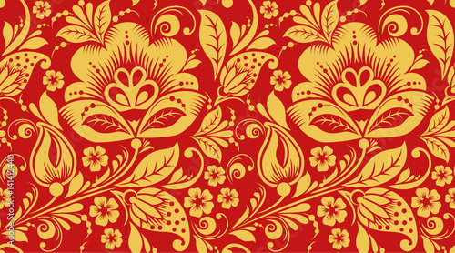 Red and gold hohloma seamless pattern texture. Russian traditional decoration in red and gold colors. Classic khokhloma background vector