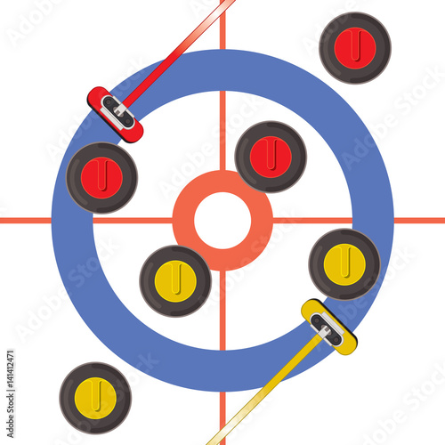 Vászonkép curling rocks and curling broom on ice with target viewed from an aerial perspec