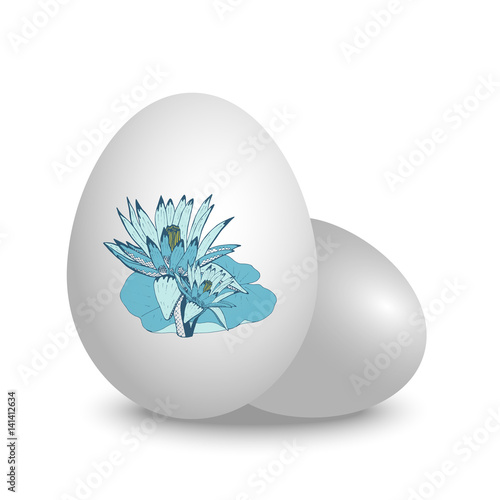 Vector 3d realistic white eggs with beautiful blue spring flowers. Isolated eggs with shadow on white background with floral print. Happy Easter. Eggs mock up 
