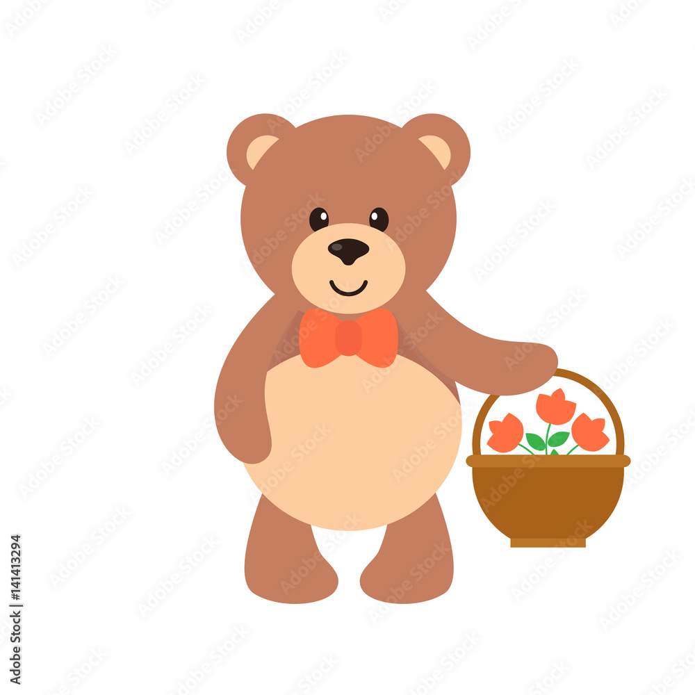Fototapeta premium cartoon bear with flowers and basket