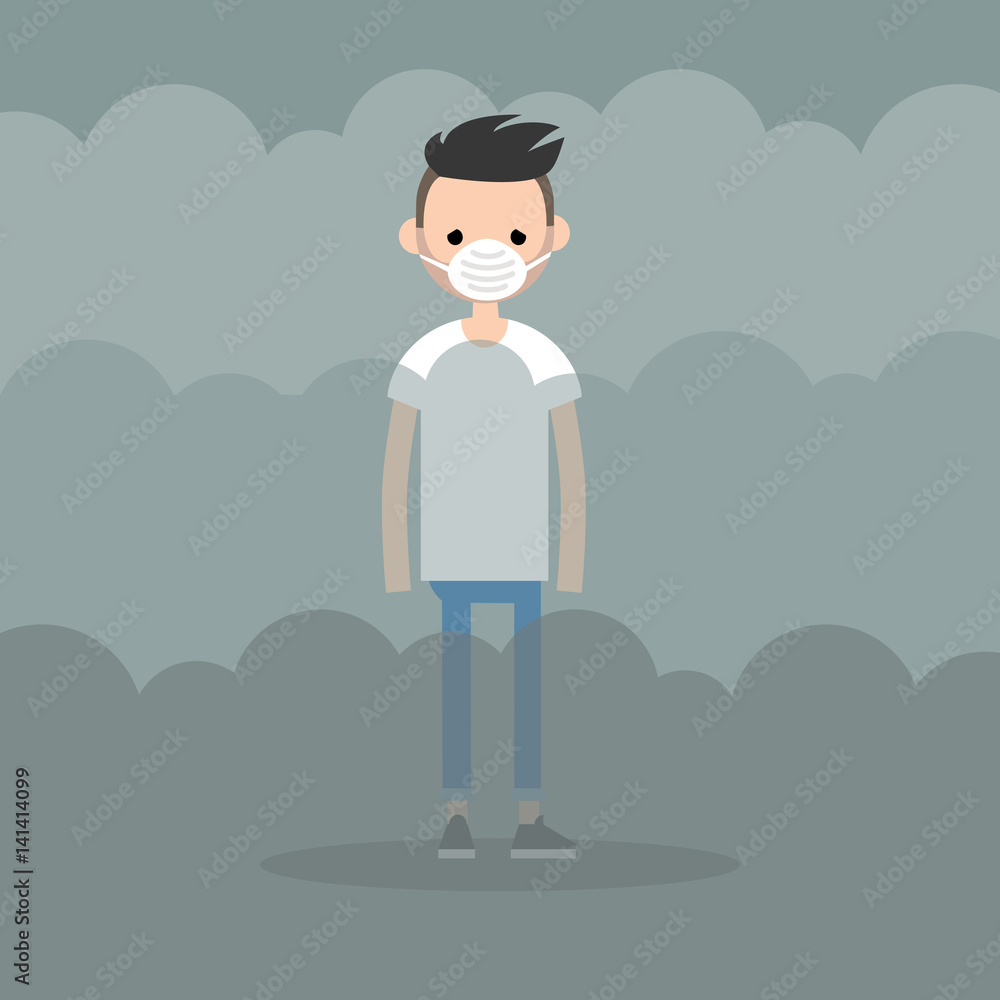 Air pollution. Smog. Young character wearing a protective face mask / flat editable illustration, clip art Air pollution. Smog. Young character wearing a protective face mask / flat editable illustration, clip art