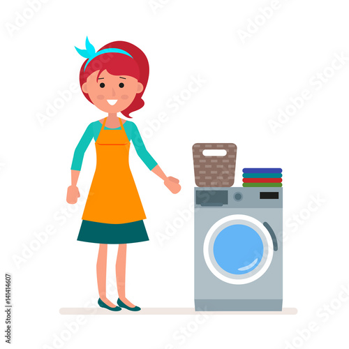Woman housewife washes clothes in the washing machine. Classic Household Duty Of Staying. Flat character isolated on white background. Vector, illustration.
