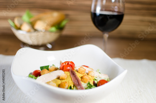 salad with cup of wine
