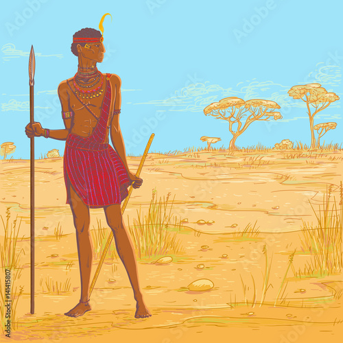 Vector color illustration. Armed with spear warrior of the Masai tribe in traditional clothes and jewelry against the background of the savannah landscape. African people living in Kenya and Tanzania.