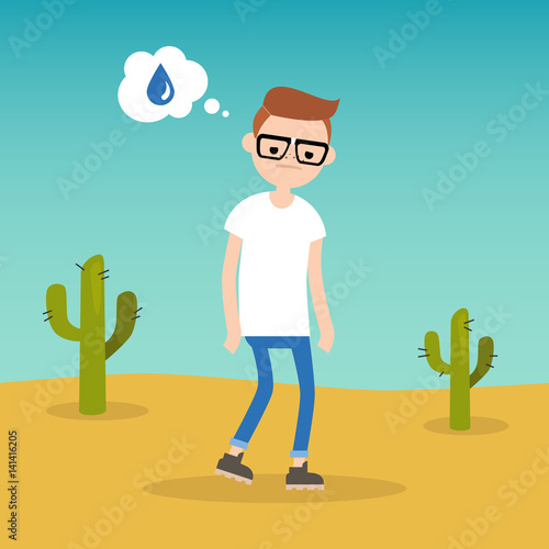 Thirsty boy dreaming about water / flat editable vector illustration, clip art