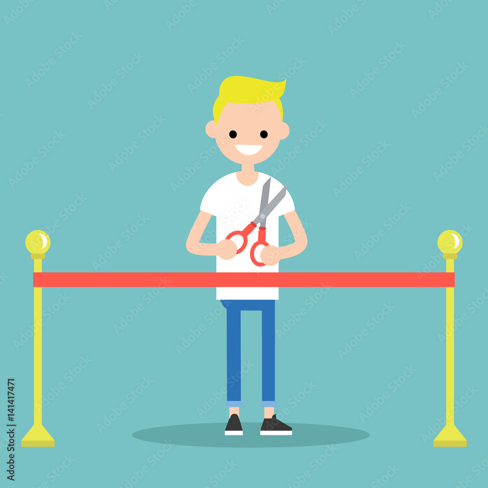 Opening ceremony concept. Red ribbon. Young blond boy holding scissors / flat editable vector illustration, clip art Opening ceremony concept. Red ribbon. Young blond boy holding scissors / flat editable vector illustration, clip art