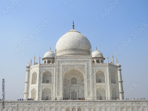 Dynamic perspective view of the Taj Mahal mausoleum in Agra, India, with the main building portal and dome