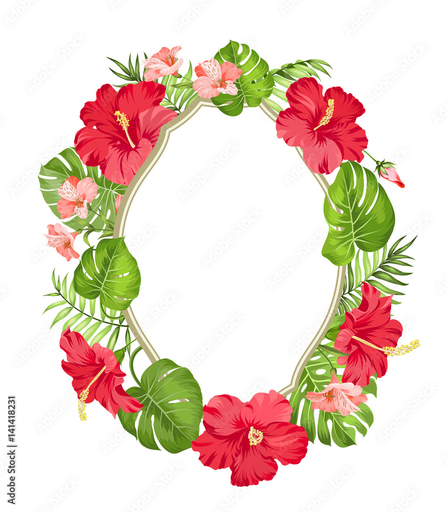 Tropical flower wreath. Tropical flower border with place for invitation card text. Red hibiscus frame isolated over white background. Vector illustration.