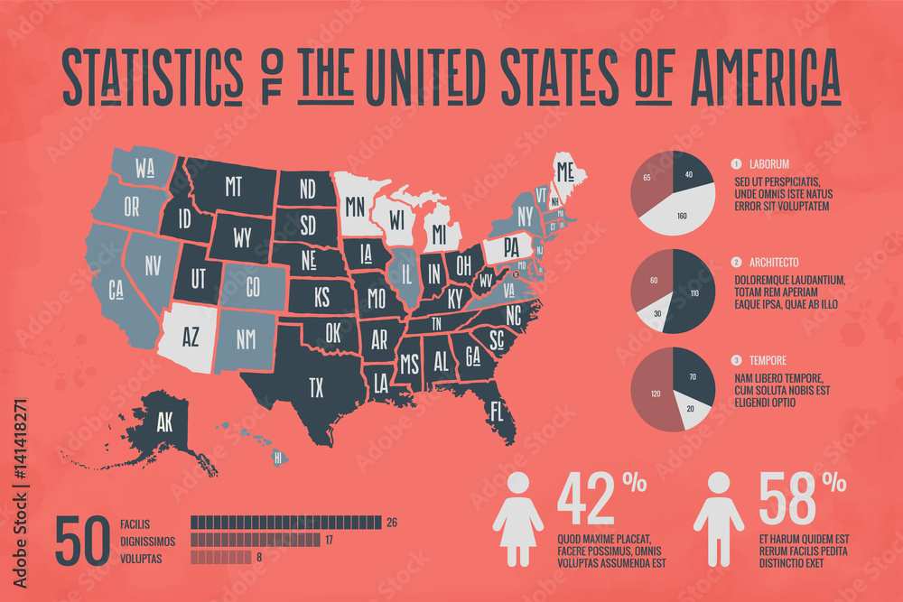 Φωτογραφία Poster map of United States of America with state names and abstract infographics elements