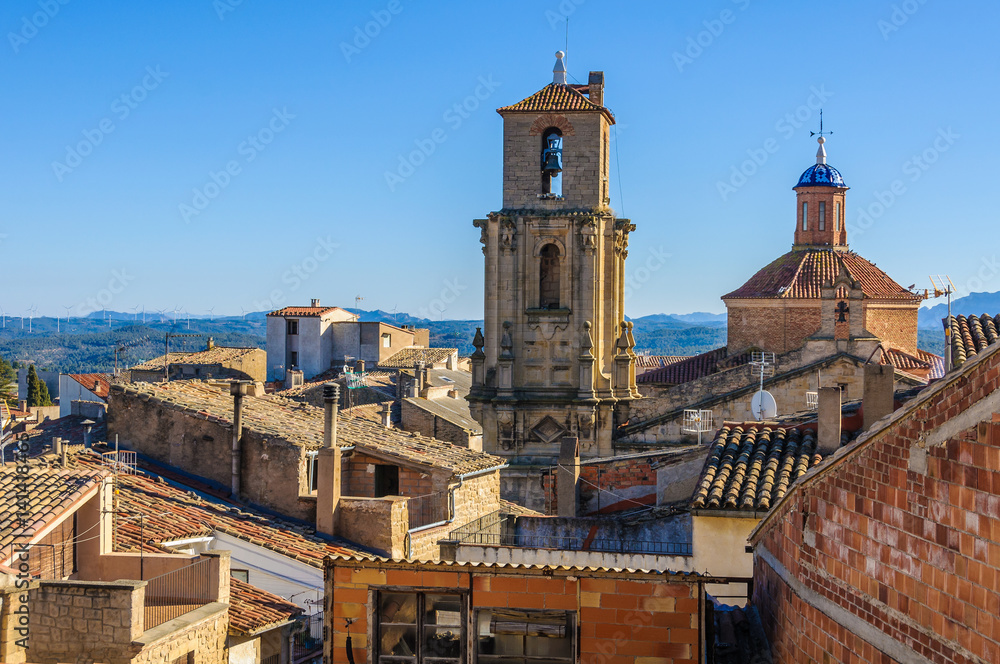 Church towers in Calaceite, Spain