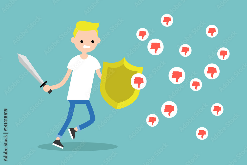 Φωτογραφία Young blond boy fighting against negative reactions in social media / editable f