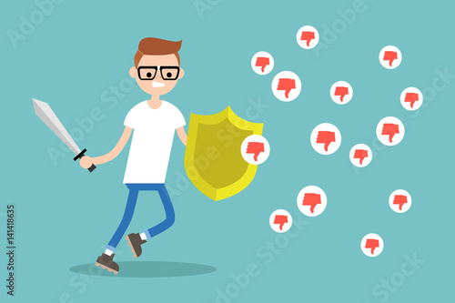 Young nerd fighting against negative reactions in social media / editable flat vector illustration, clip art