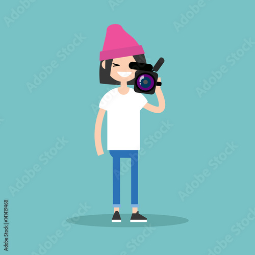 Camera crew: young operator holding a camera / editable flat vector cartoon illustration, clip art