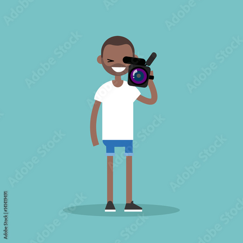 Camera crew: young operator holding a camera / editable flat vector cartoon illustration, clip art