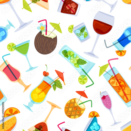Vector seamless pattern with tropical cocktails, juice, wine and champagne glass. Doodle background with beverages. Design for summer beach party, bar menu of alcohol drinks or wine list.