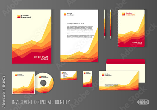 Corporate identity template for investment company, modern stationery template design stylized with charts for investment business. Brochure cover, letterhead, envelope, business card, pen, CD cover.
