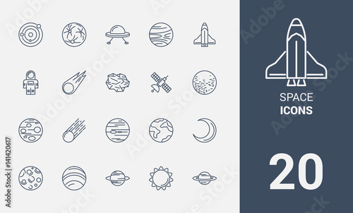 A set of thematic symbols of the solar system.