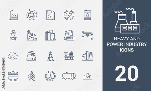 A package of symbols of heavy industry. Icons of factories and factories. Set of icons line. Icon set.
