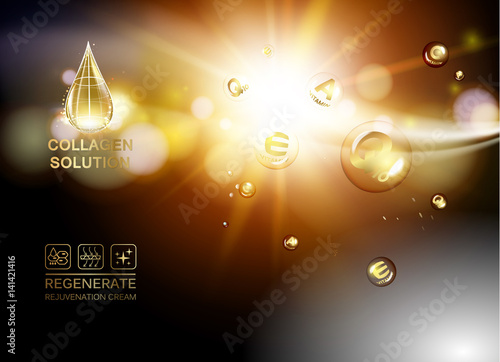 Oxygen bubble of hyaluronic acid for moisturizing collagen design. Regenerate face cream and Vitamin complex concept. Beauty skin care design over golden backdrop. Vector illestration.