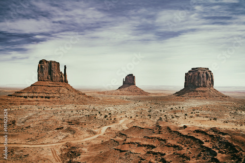 panoramic photo of the Monument Valley Park in Arizona in USA with vintage effects
