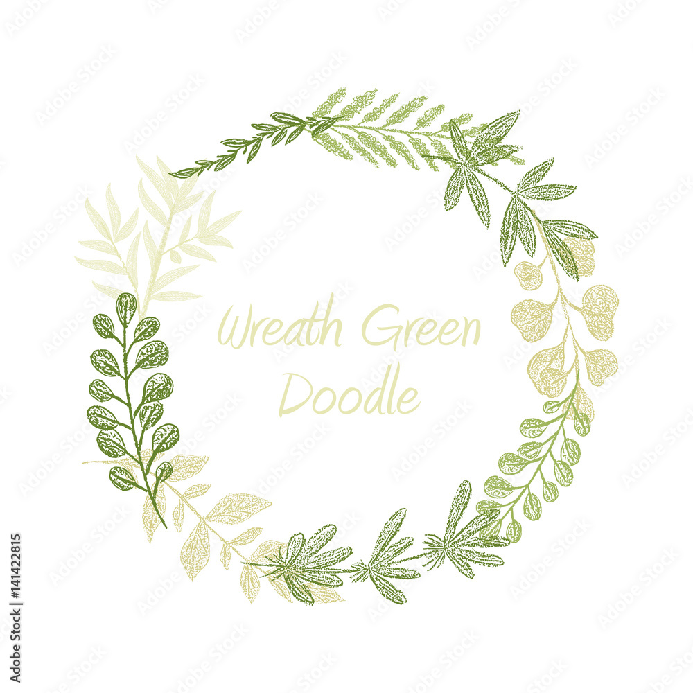 Greenery floral circle wreath vector, greeting, invitation or wedding card template. Hand drawn green leaf frame