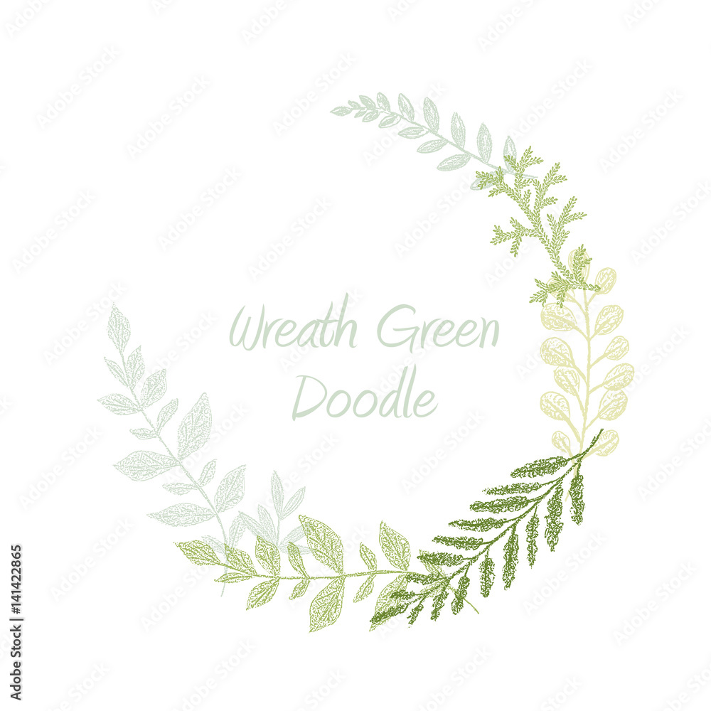 Greenery scribble hand drawn herb border vector, greeting, invitation or wedding card template. Green leaf frame. Spring floral wreath