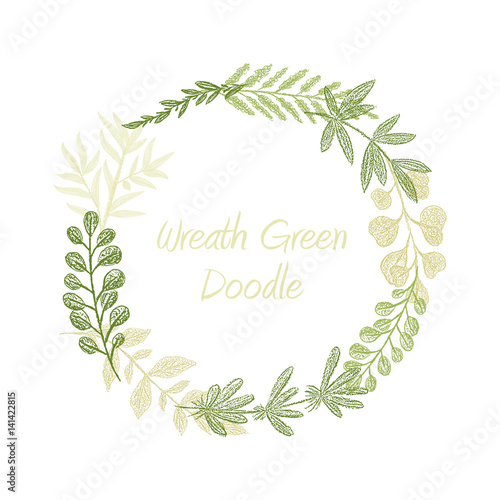 Greenery floral circle wreath vector  greeting  invitation or wedding card template. Hand drawn green leaf frame