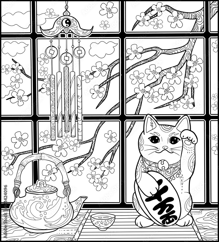 Japanese cat and sakura and tea for adult coloring book page. Maneki
