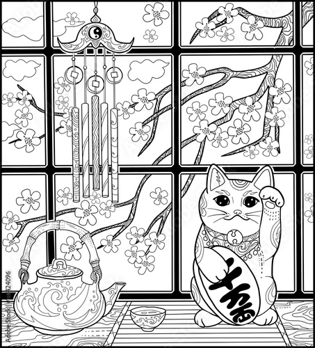 Japanese cat and sakura and tea for adult coloring book page. Maneki neco holds luck coin with hieroglyphics "a lot of money".