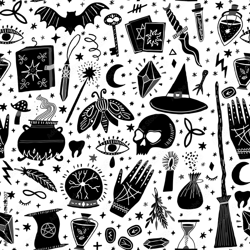 Vector magic witch seamless pattern. Witchcraft
