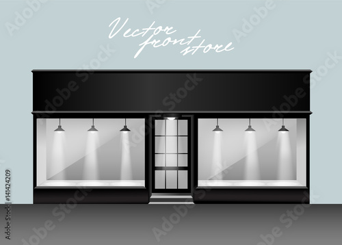 Shop showcase and entrance wooden door. Bright light. Black color and white vector glass store 
