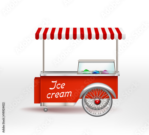 Red ice cream cart. Food truck Vector illustration. Shop on wheels with the goods
