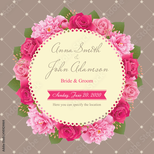 Wedding invitation card, save the date card, greeting card with peonies and roses. Flower frame. EPS 10 © elimika
