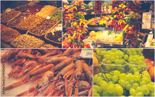 Collage of Fruits and vegetables stall in La Boqueriamarket in Barcelona.  photo