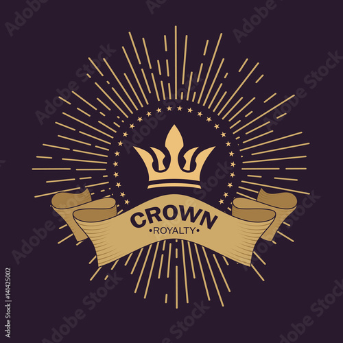 Golden crown vector. Line art logo design. Vintage royal symbol of power and wealth. Curved ribbon for text. Rays of glory and stars. Creative business sign. Elegant emblem logo. photo