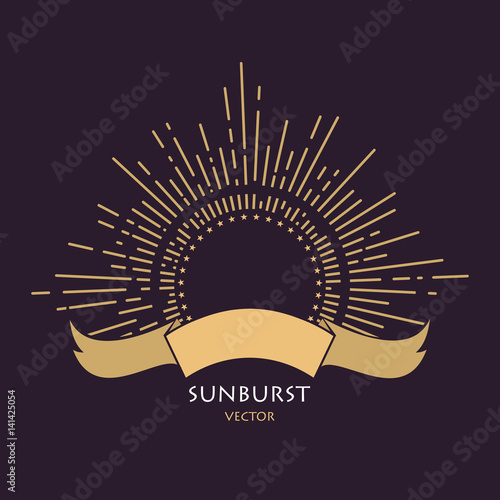 Golden rays of glory and stars. Curved ribbon for text. Vector images in hand drawing style. Template vintage logo. Royal symbol of power and wealth. Creative business sign. 