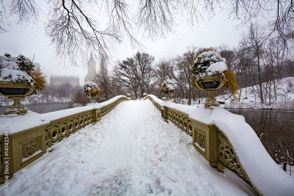 Bow Bridge in Central Park winter in midtown Manhattan New York City Bow Bridge in Central Park winter in midtown Manhattan New York City