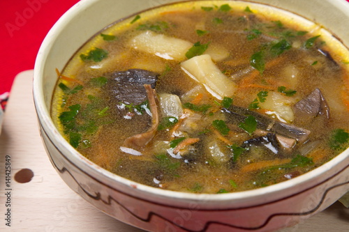 Plate of soup from dried white mushrooms.